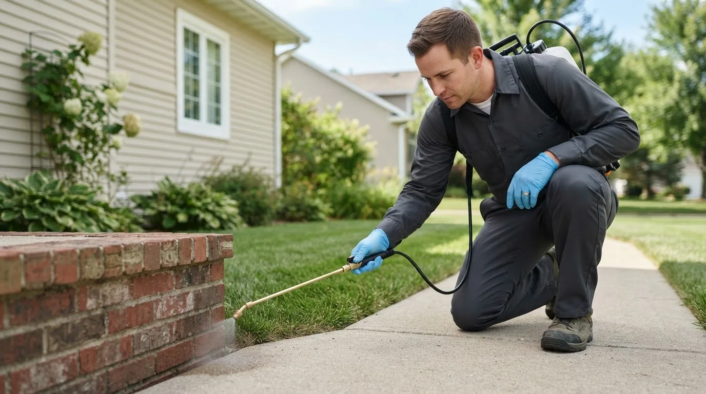 Pest control technician treating a home near Lonsdale, MN