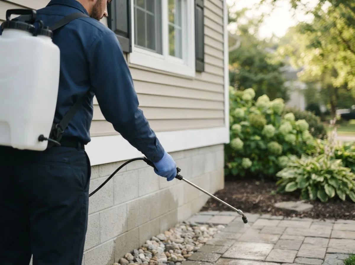 Pest control technician inspecting a home in Lonsdale, MN